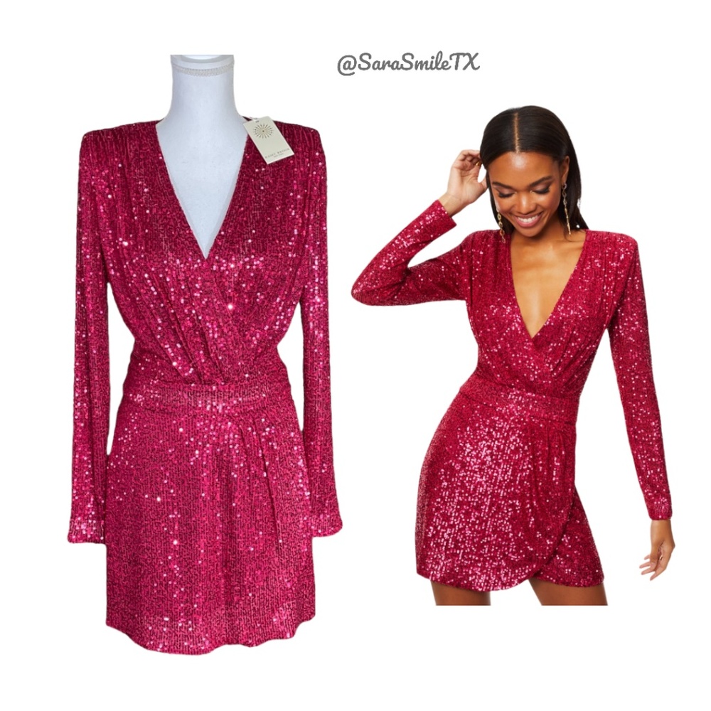 RAMY BROOK - Reba - Sequin Plunge V-Neck Long Sleeve Party Cocktail Dress